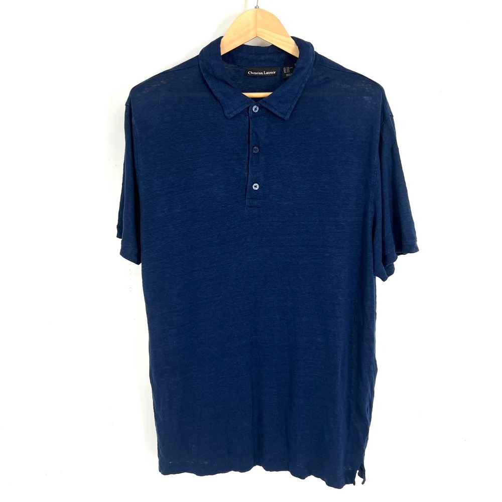 Christian Lacroix Mens XXL Navy Blue 100% Linen Short Sleeve Polo Shirt RN 75343